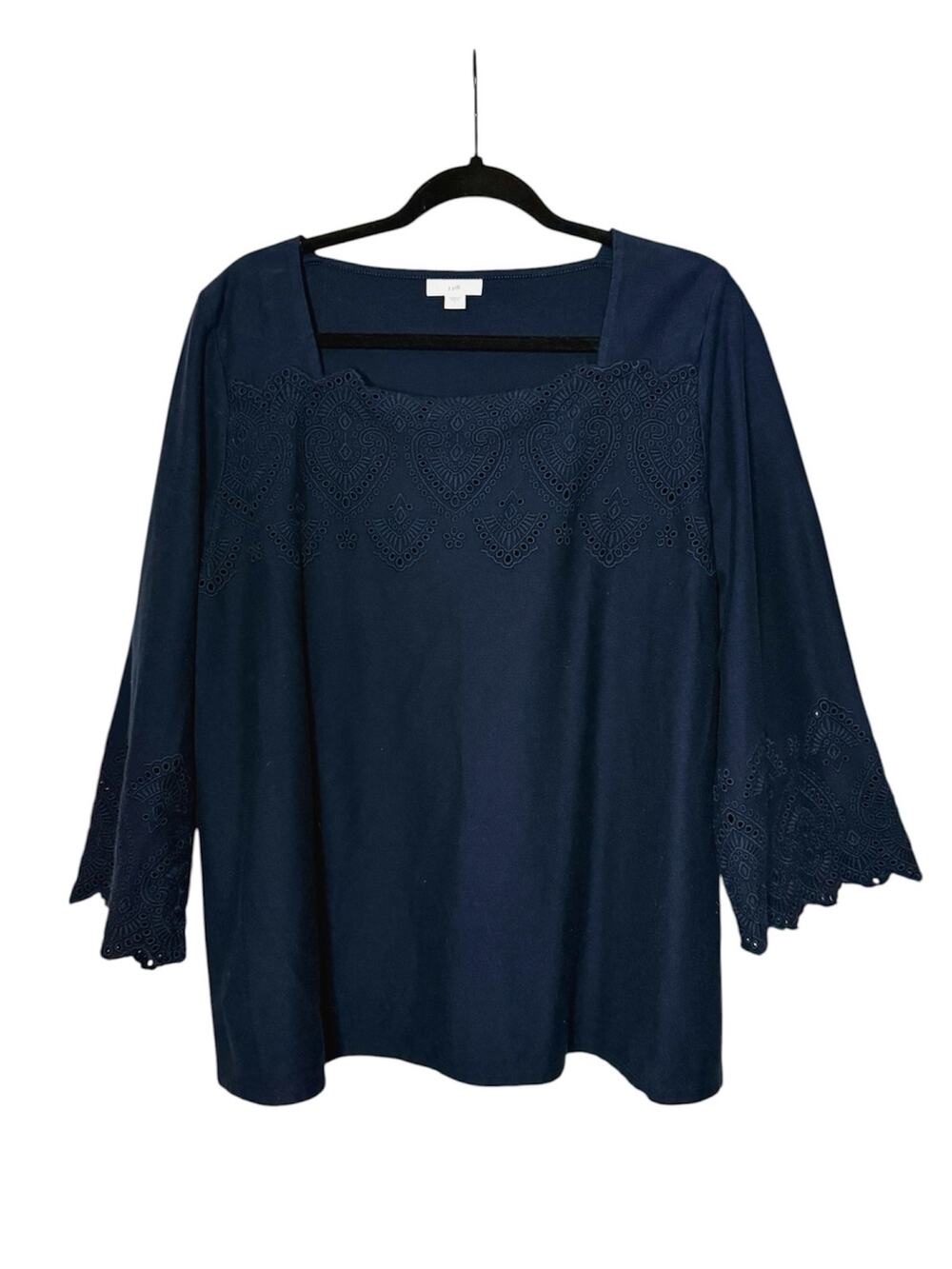 J. Jill Women’s Sz L Eyelet Lace Trimmed Top Navy 3/4 Sleeve Square Neck Cotton